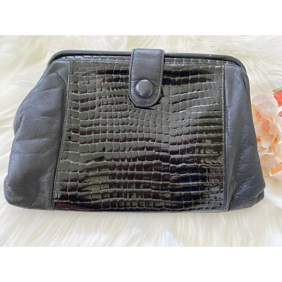 Vtg Jennifer Moore Blk Leather Reptile Clutch Bag - Picture 2 of 12